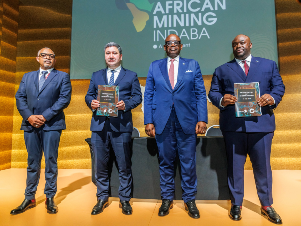 DR Congo Minister of Mines Louis Watum Kabamba poses on stage with officials at Mining Indaba 2026 in Cape Town, highlighting DRC’s strategic mining vision